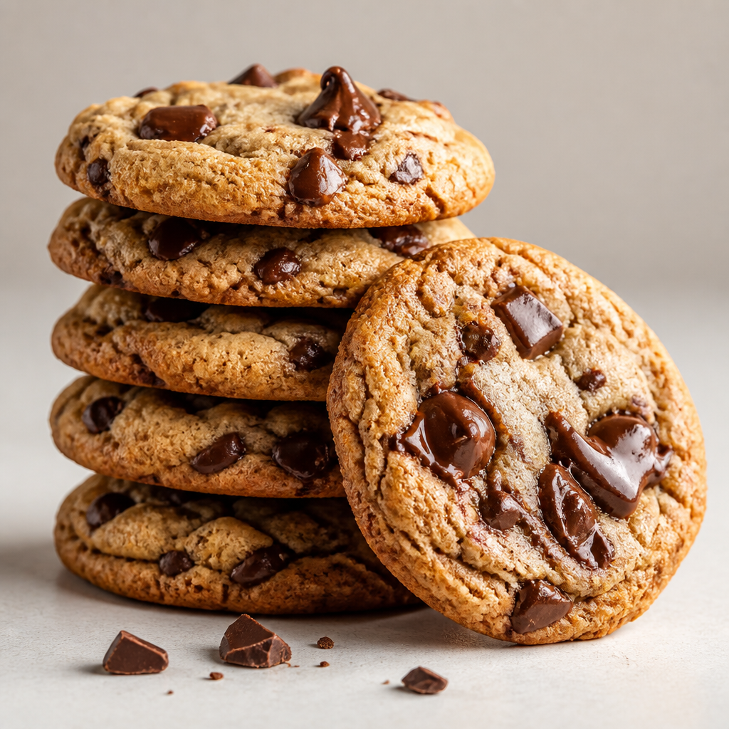 A stack of homemade chocolate chip cookies with melted chocolate chips