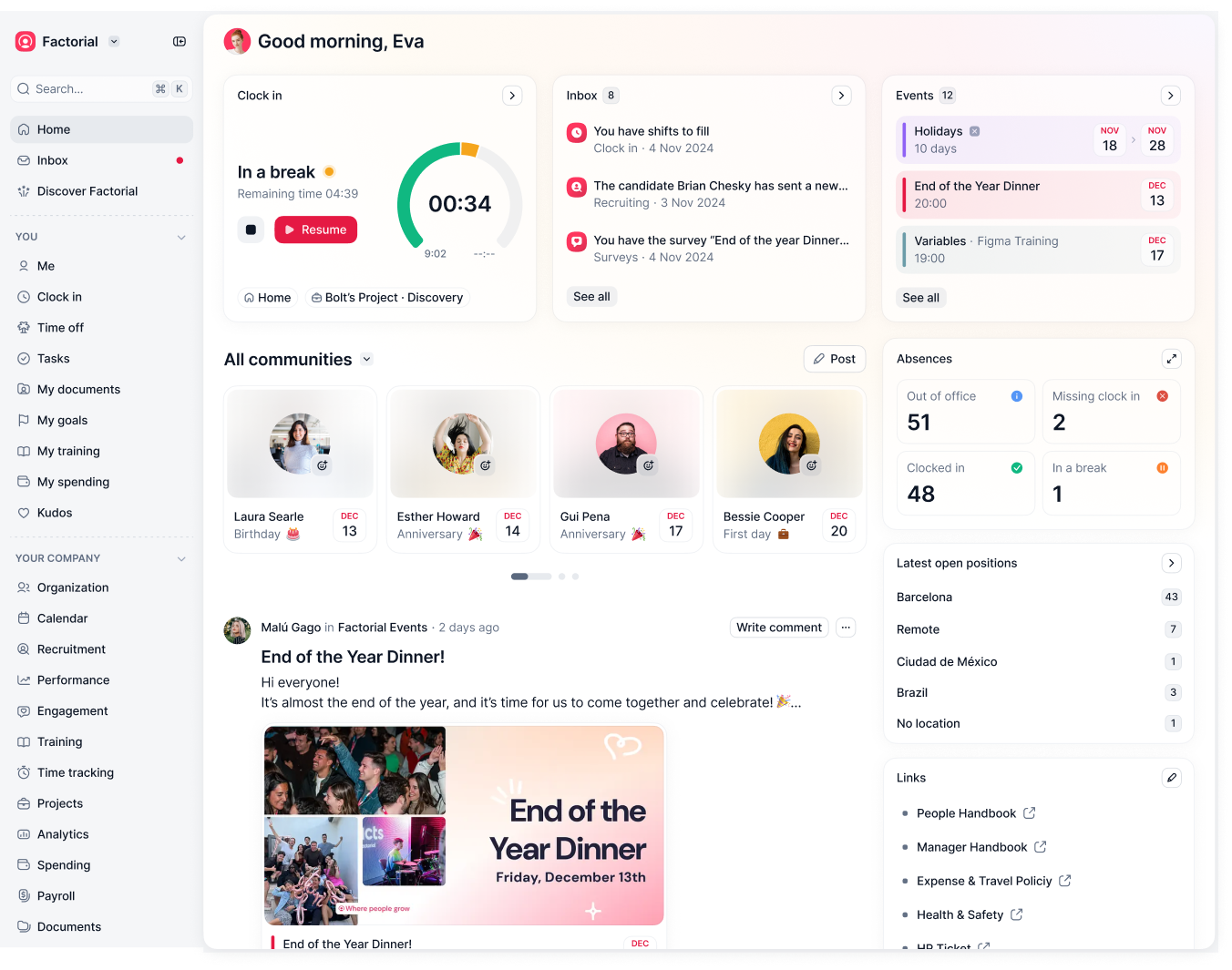 Factorial HR Dashboard showing time tracking, inbox notifications, team events, and employee communities