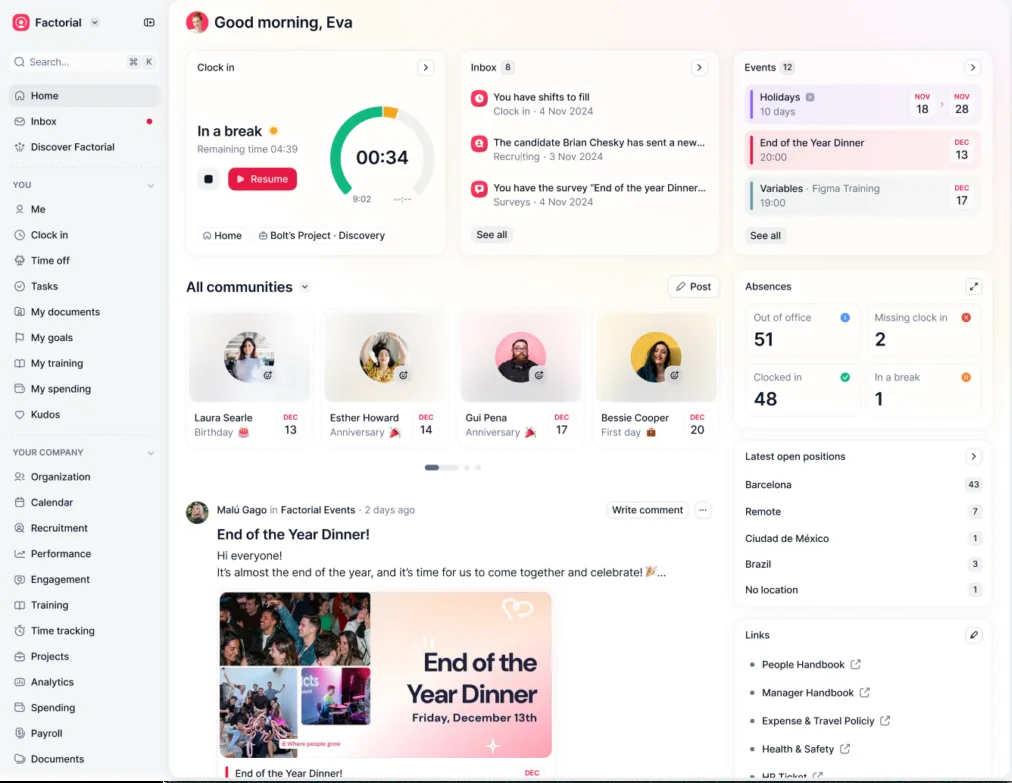 Factorial dashboard showing time tracking, inbox, events, communities and absences