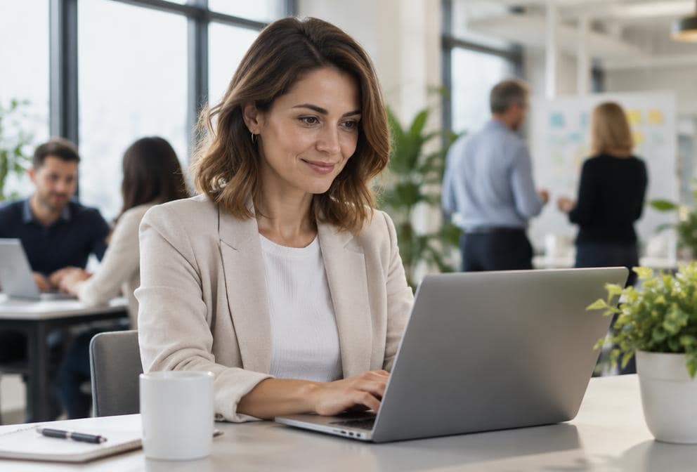 Implementation specialist configuring an HR platform at her laptop