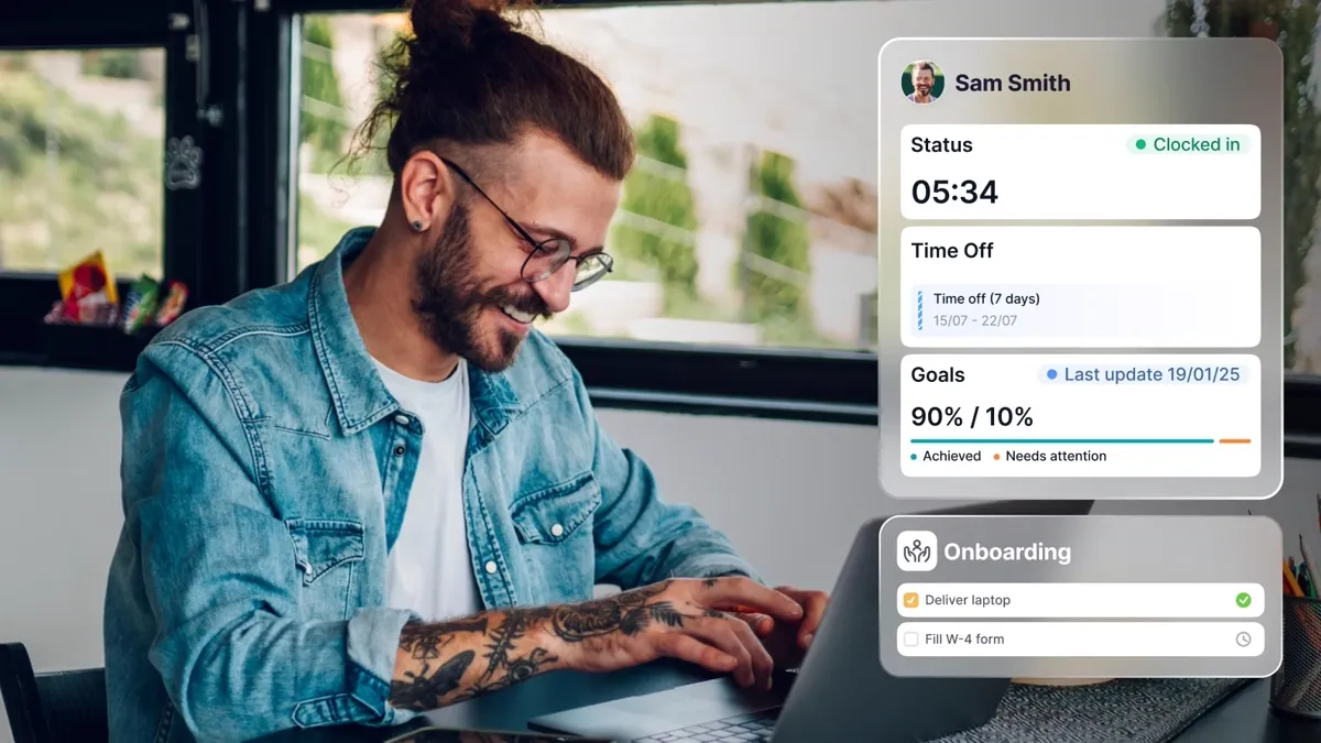 Factorial HR dashboard showing the employee home screen with clock in, inbox, communities and events